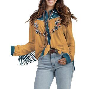 Women's Yellow Embroidered Western Long Sleeve Button Down Collared Retro Shirts